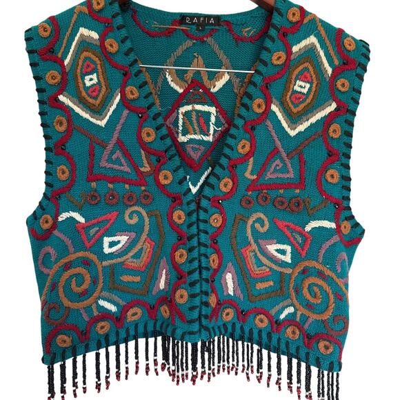 Rafia Sweaters - Vintage Knit Vest L Rafia Teal Geometric Beaded Fringe Boho 80s 90s Rare